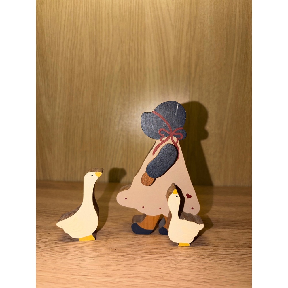 Vintage Wooden Girl with Geese Figurines Farmhouse Folk Art Decor 2 Piece Set